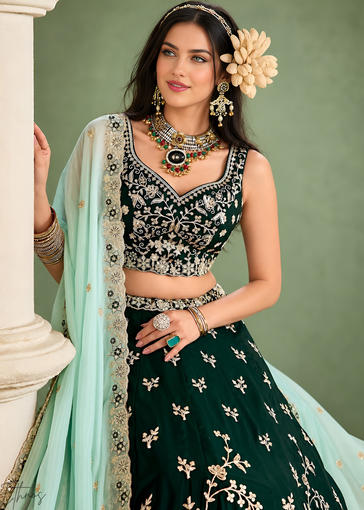 Emerald Green Foliage Medallion Rangoli Silk Lehenga Choli