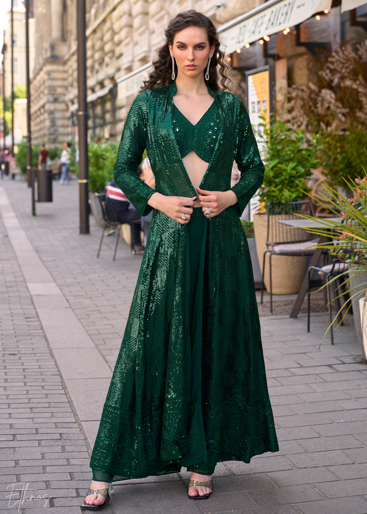 Emerald Green Georgette Jacket Choli Palazzo Suit Ethnos Emerald Green Georgette Jacket Choli Palazzo Suit Ethnos