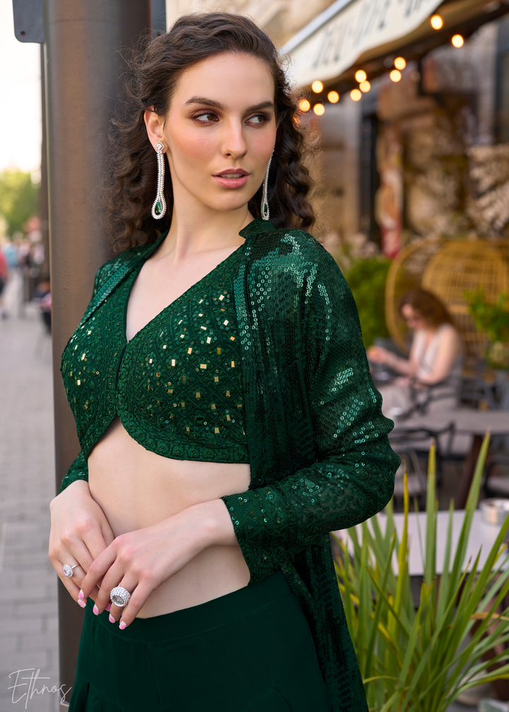 Emerald Green Georgette Jacket Choli Palazzo Suit