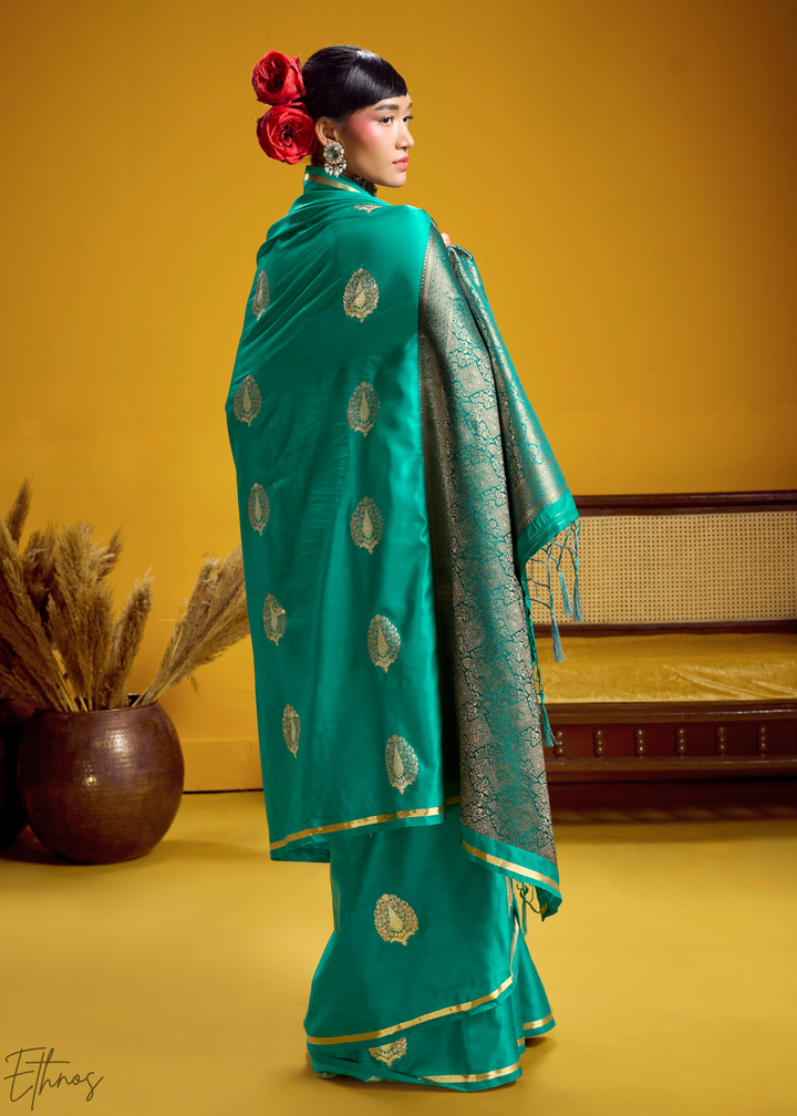 Teal Green Gold-Infused Jacquard Satin Silk Saree