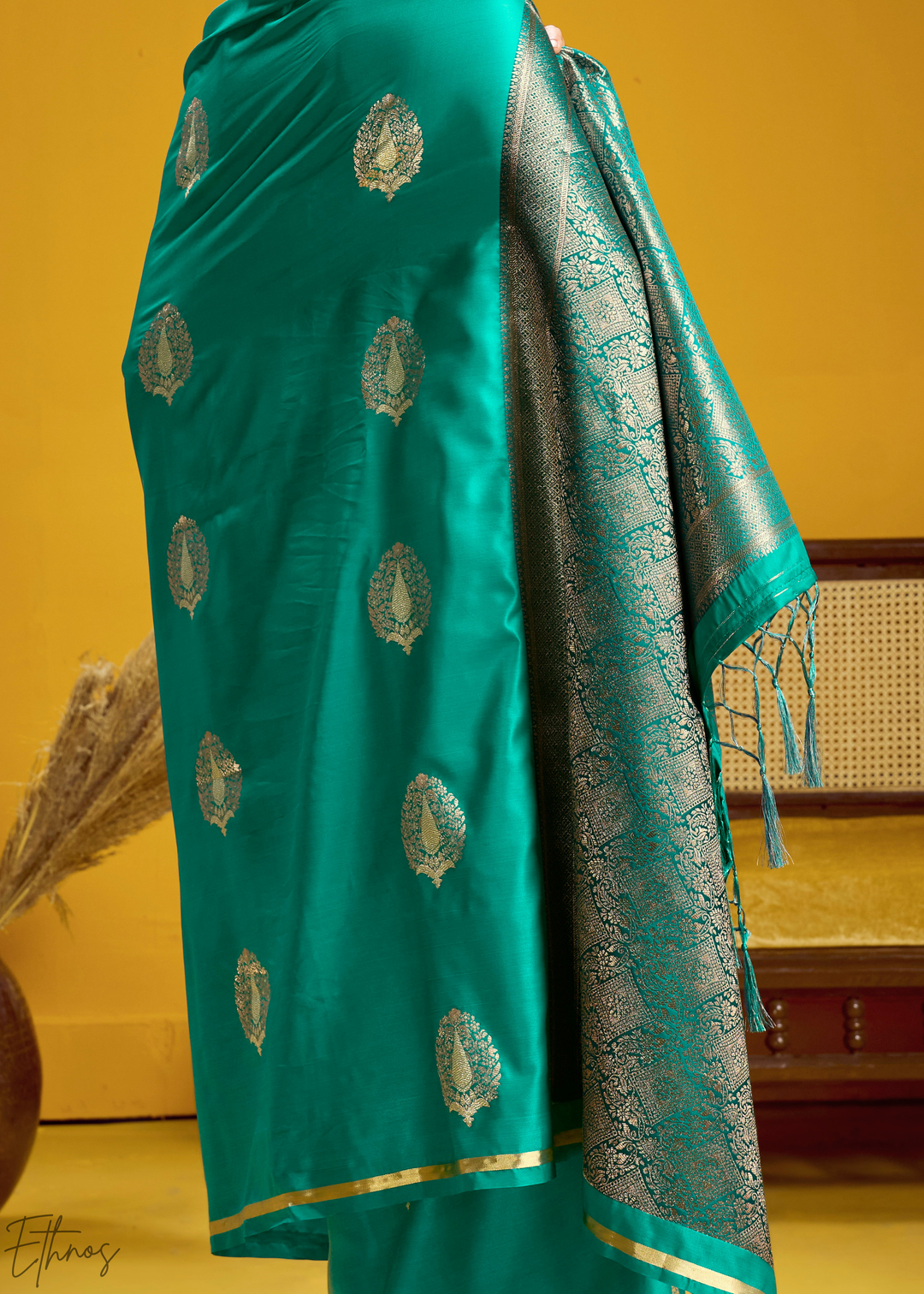 Teal Green Gold-Infused Jacquard Satin Silk Saree