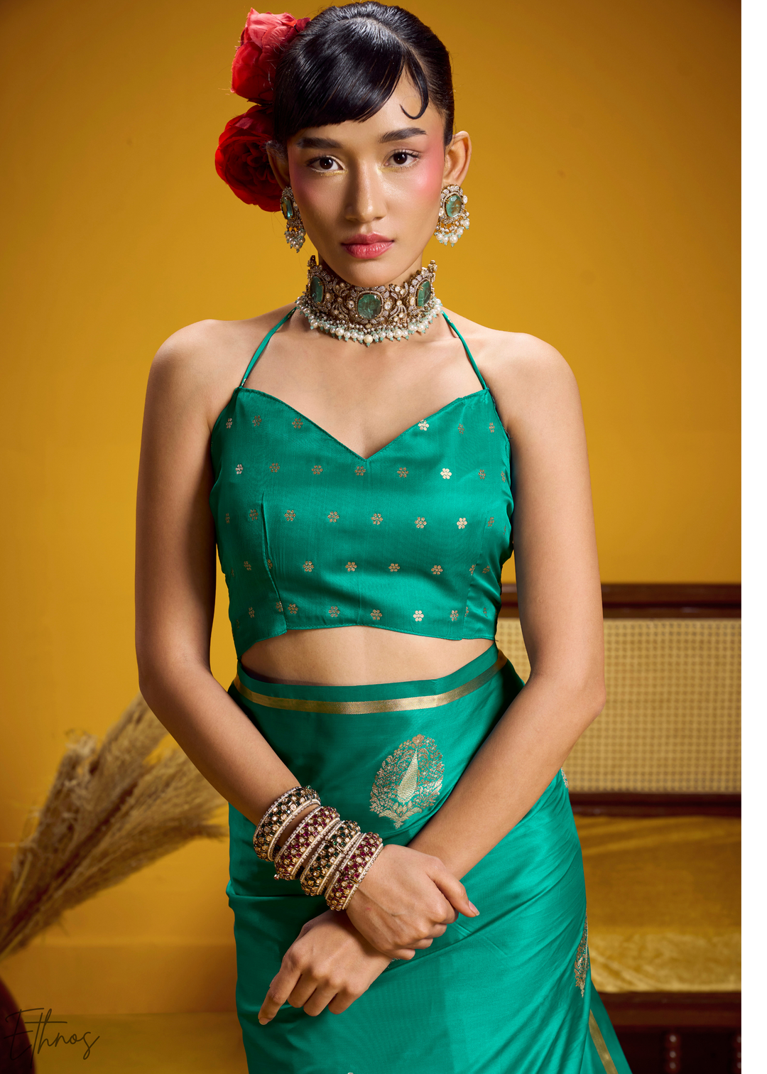 Teal Green Gold-Infused Jacquard Satin Silk Saree