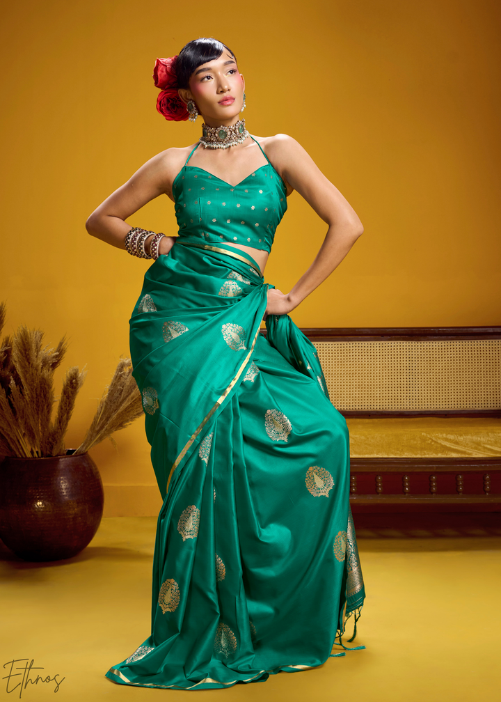 Teal Green Gold-Infused Jacquard Satin Silk Saree