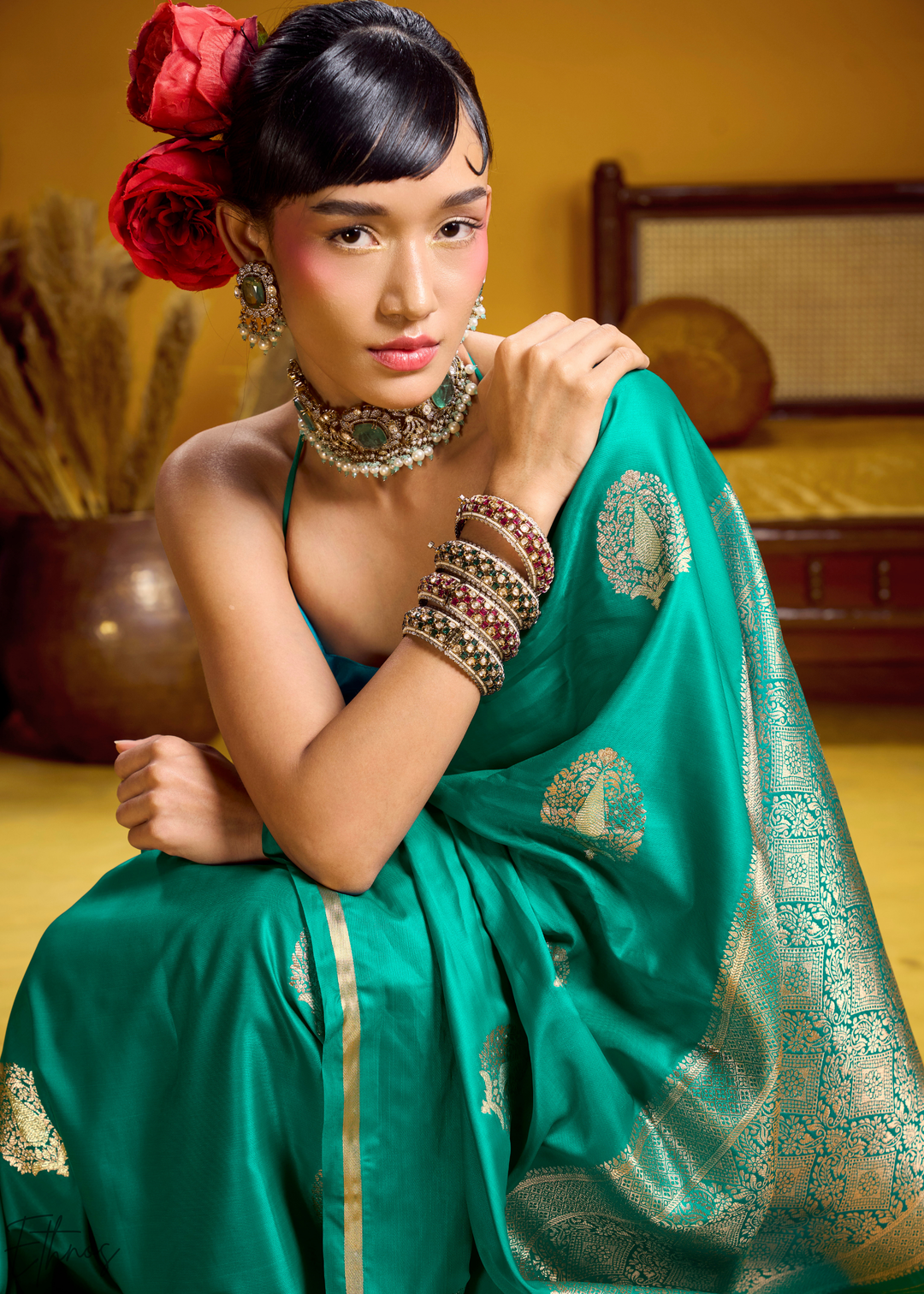 Teal Green Gold-Infused Jacquard Satin Silk Saree