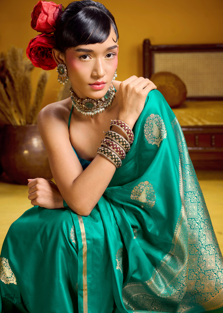 Teal Green Gold-Infused Jacquard Satin Silk Saree