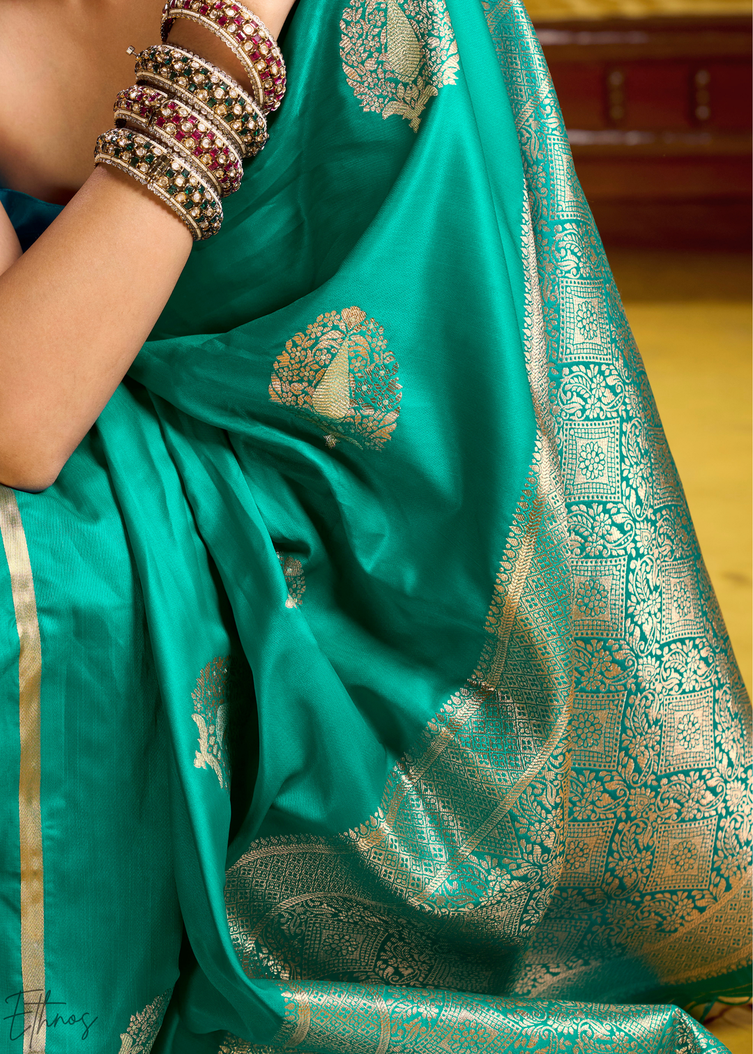 Teal Green Gold-Infused Jacquard Satin Silk Saree