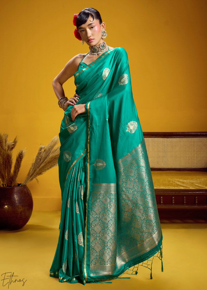 Teal Green Gold-Infused Jacquard Satin Silk Saree