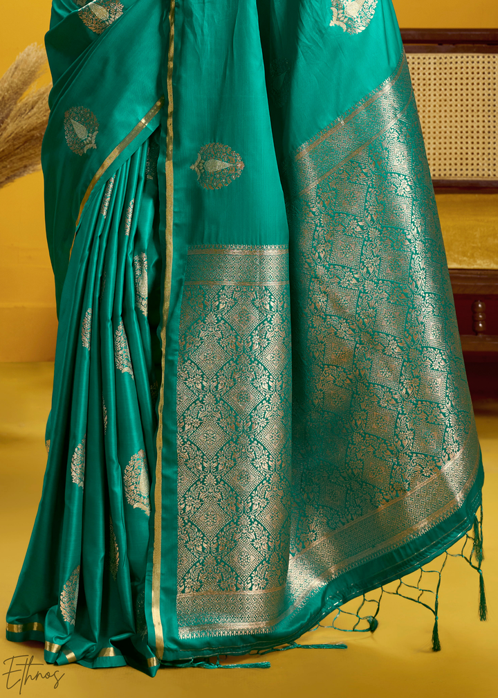 Teal Green Gold-Infused Jacquard Satin Silk Saree