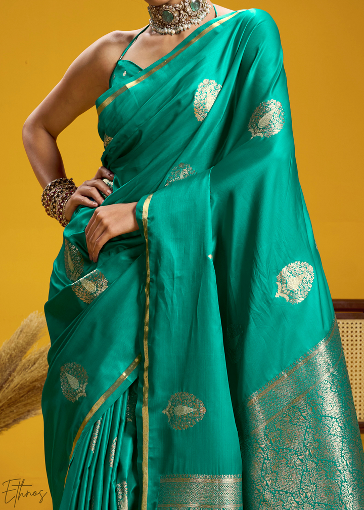 Teal Green Gold-Infused Jacquard Satin Silk Saree
