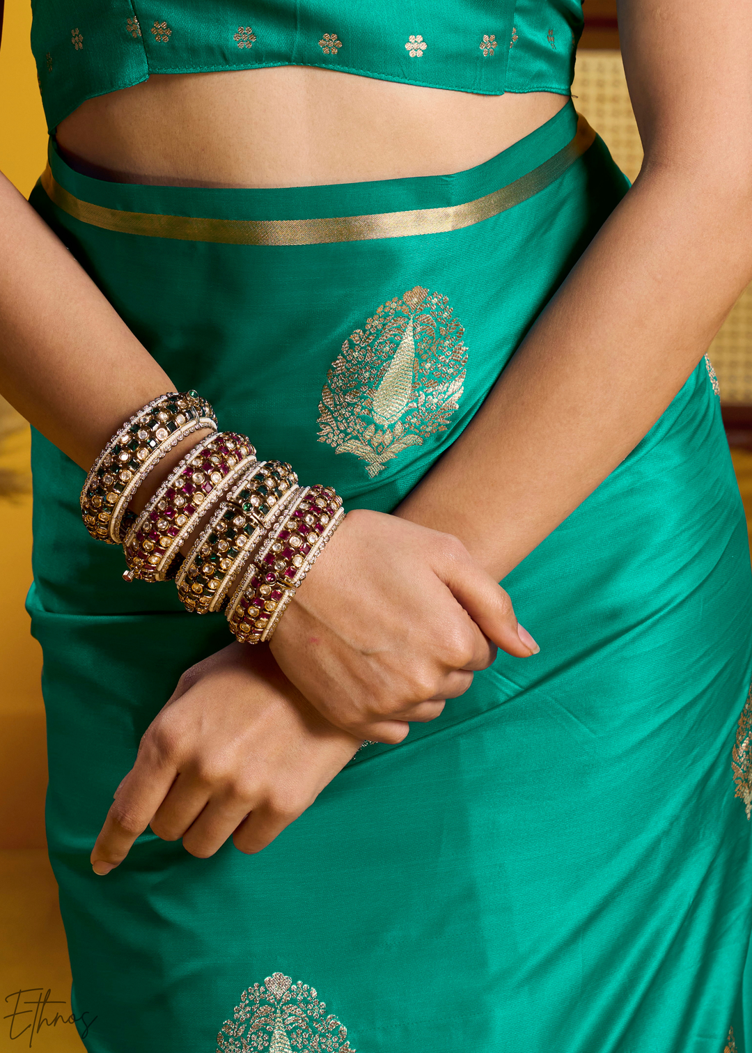 Teal Green Gold-Infused Jacquard Satin Silk Saree