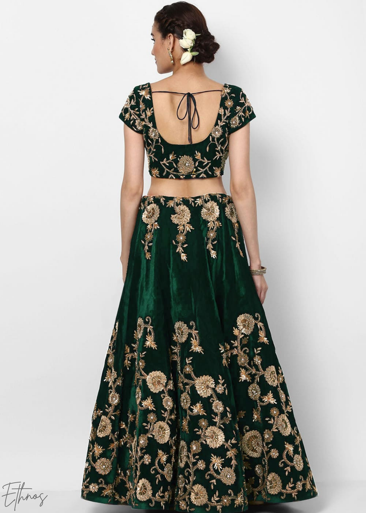 Emerald Green Heavy Floral Embroidered Velvet Lehenga