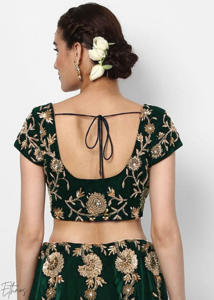 Emerald Green Heavy Floral Embroidered Velvet Lehenga