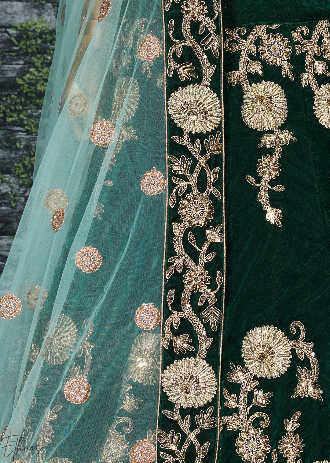 Emerald Green Heavy Floral Embroidered Velvet Lehenga