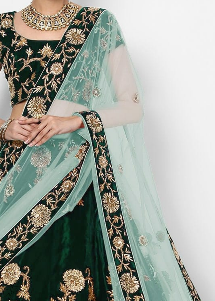 Emerald Green Heavy Floral Embroidered Velvet Lehenga