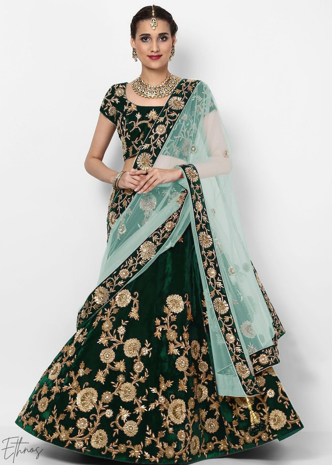 Emerald Green Heavy Floral Embroidered Velvet Lehenga