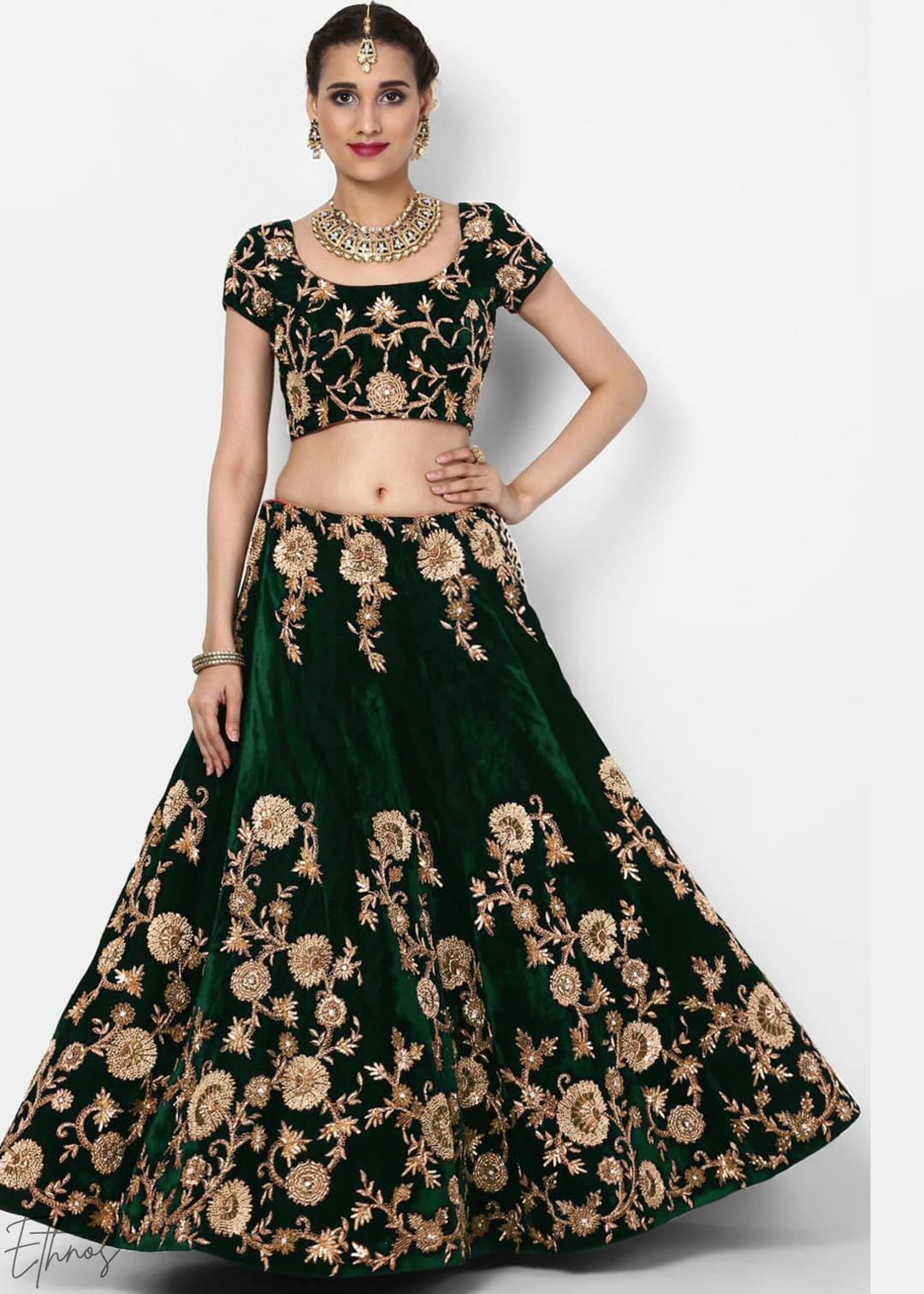 Emerald Green Heavy Floral Embroidered Velvet Lehenga