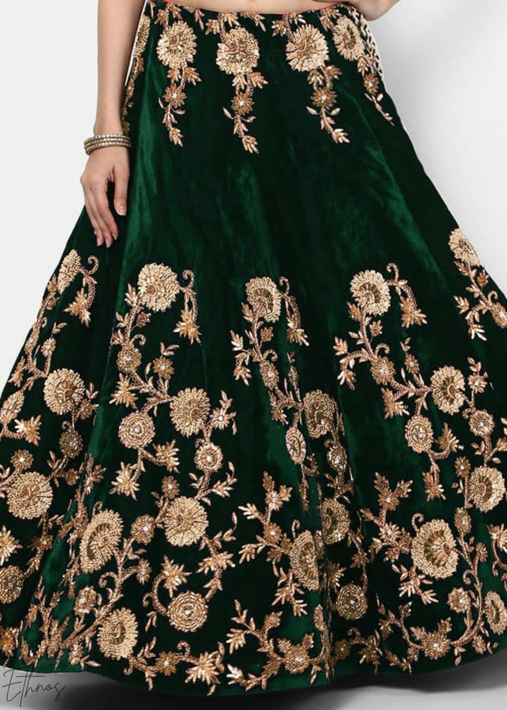 Emerald Green Heavy Floral Embroidered Velvet Lehenga