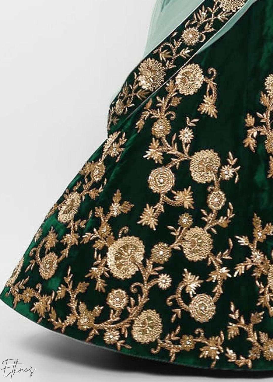 Emerald Green Heavy Floral Embroidered Velvet Lehenga