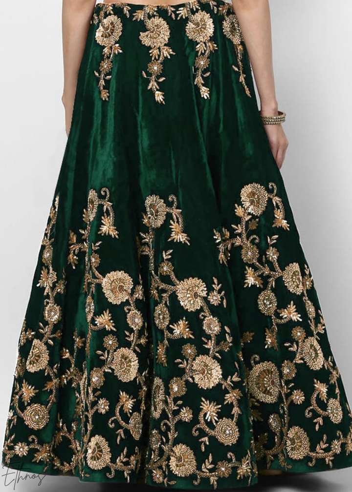 Emerald Green Heavy Floral Embroidered Velvet Lehenga