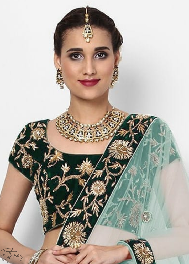 Emerald Green Heavy Floral Embroidered Velvet Lehenga