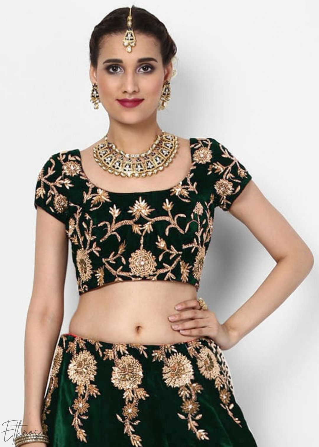 Emerald Green Heavy Floral Embroidered Velvet Lehenga