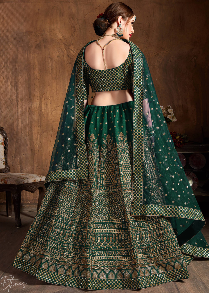 Emerald Green Intricate Brocade Raw Silk Lehenga Choli