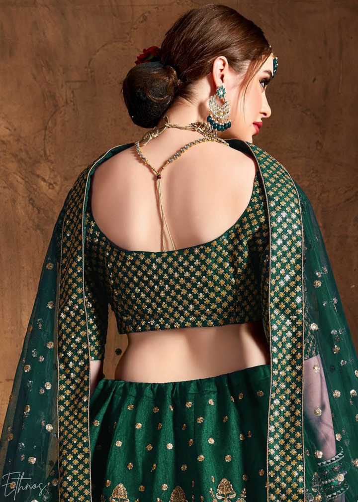 Emerald Green Intricate Brocade Raw Silk Lehenga Choli