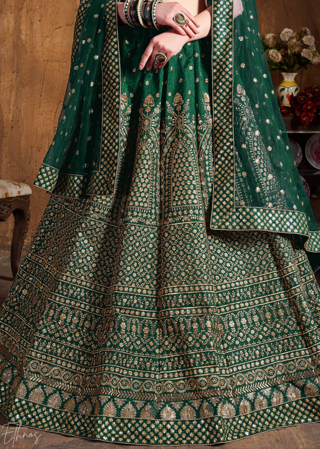 Emerald Green Intricate Brocade Raw Silk Lehenga Choli