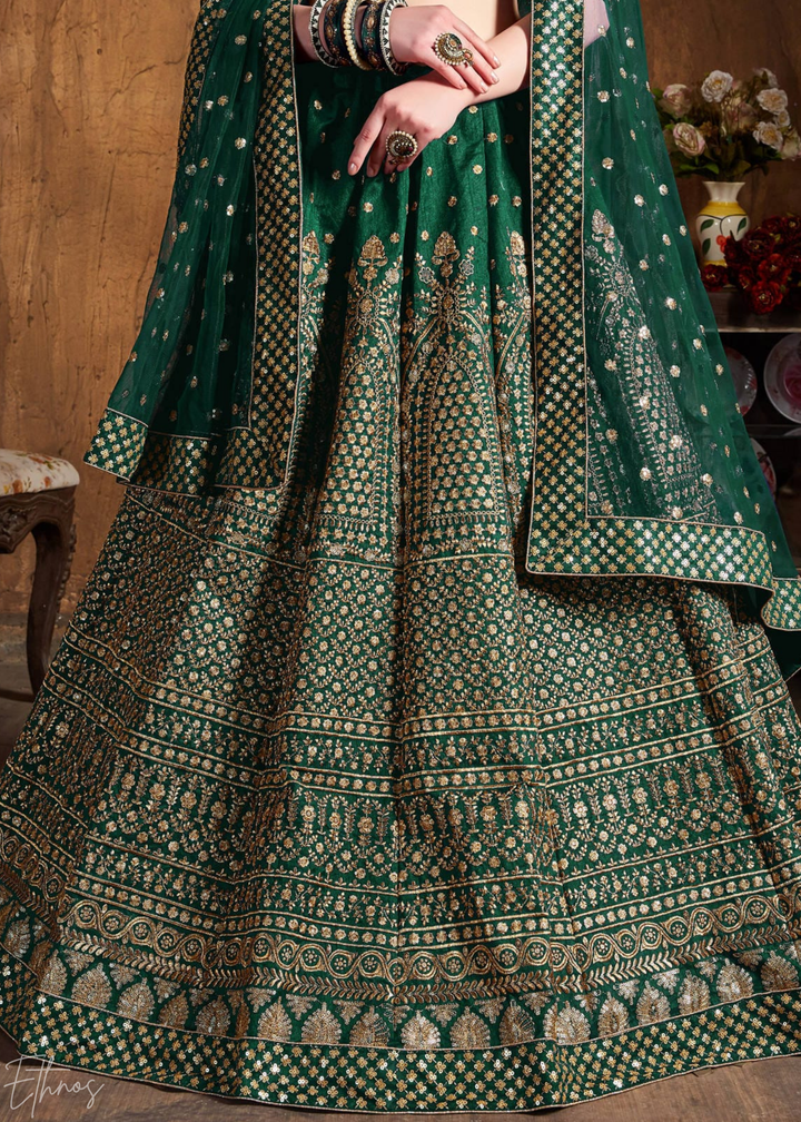 Emerald Green Intricate Brocade Raw Silk Lehenga Choli