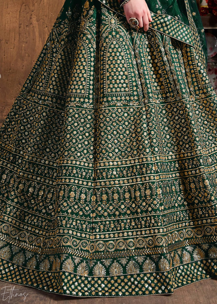 Emerald Green Intricate Brocade Raw Silk Lehenga Choli