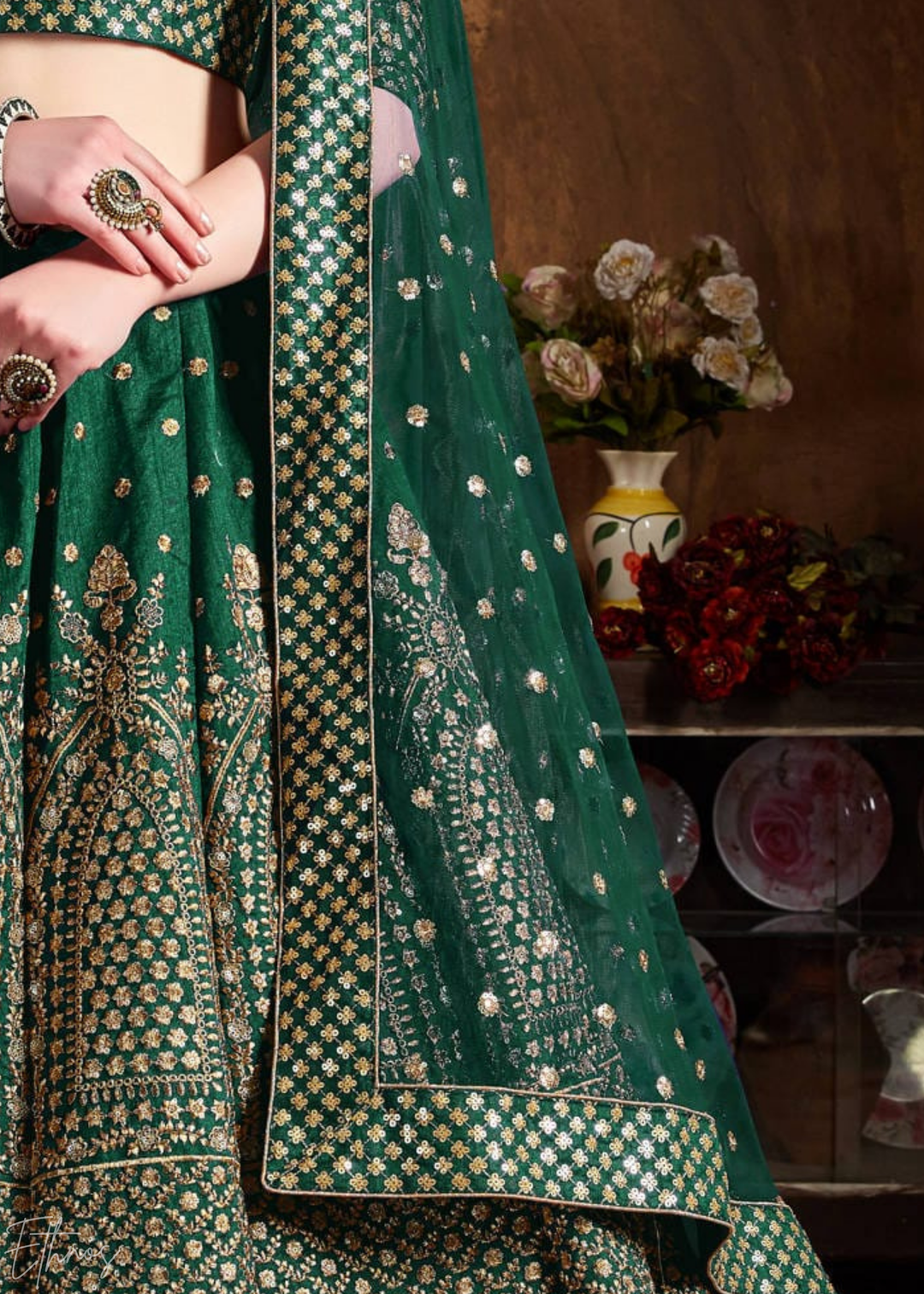 Emerald Green Intricate Brocade Raw Silk Lehenga Choli