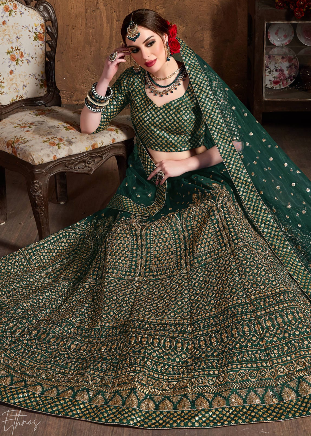 Emerald Green Intricate Brocade Raw Silk Lehenga Choli