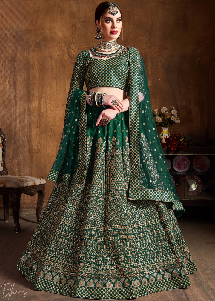 Emerald Green Intricate Brocade Raw Silk Lehenga Choli