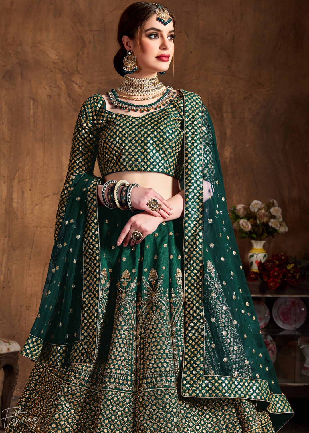 Emerald Green Intricate Brocade Raw Silk Lehenga Choli