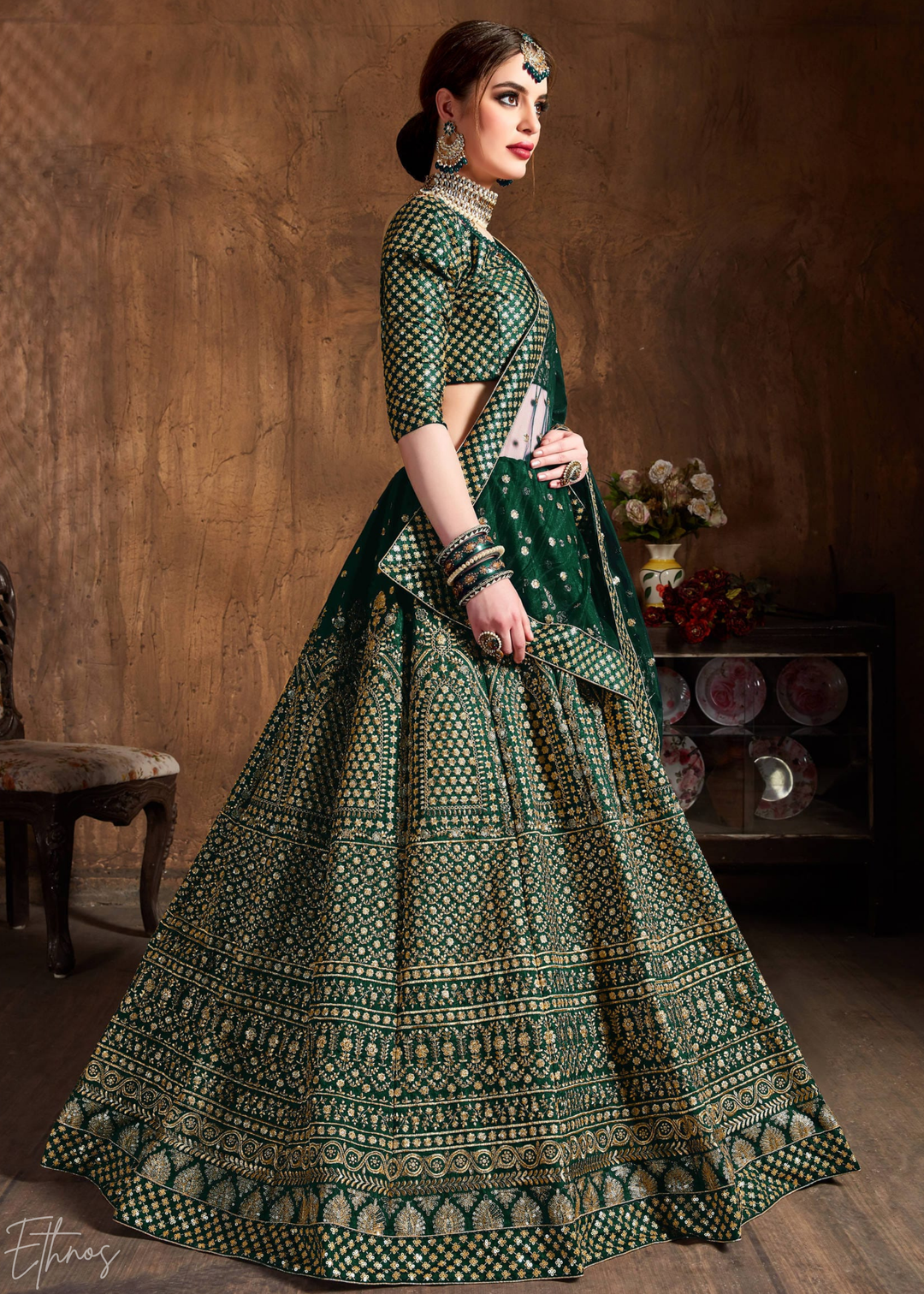 Emerald Green Intricate Brocade Raw Silk Lehenga Choli