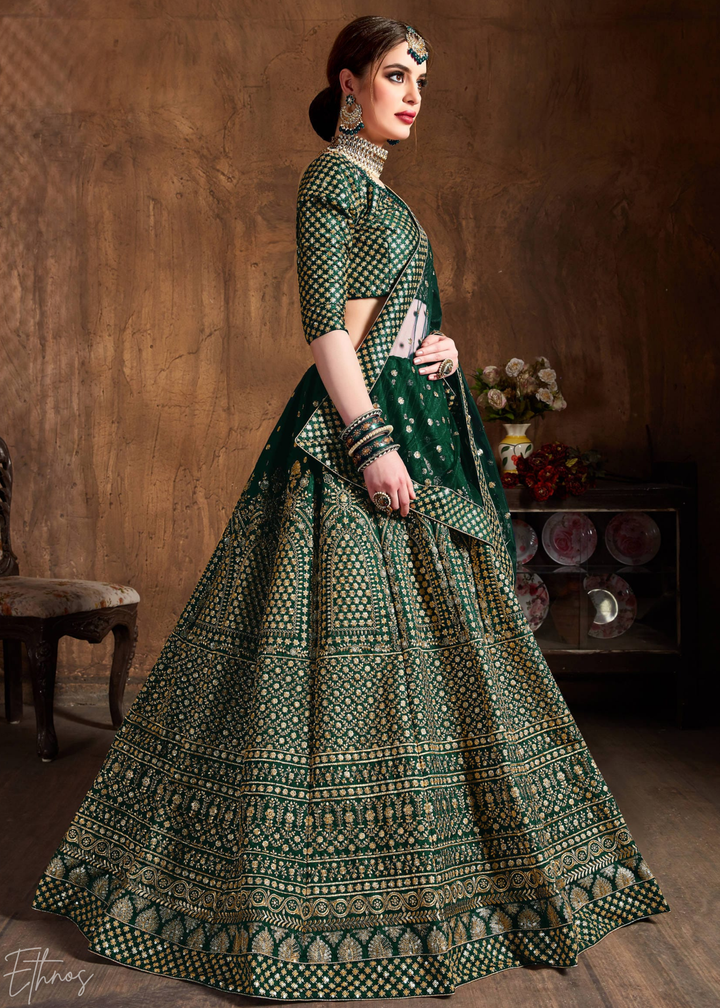 Emerald Green Intricate Brocade Raw Silk Lehenga Choli