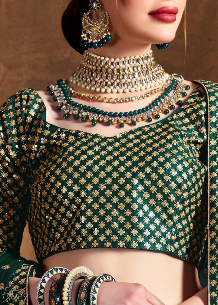 Emerald Green Intricate Brocade Raw Silk Lehenga Choli