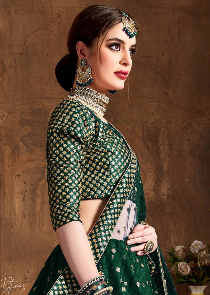Emerald Green Intricate Brocade Raw Silk Lehenga Choli