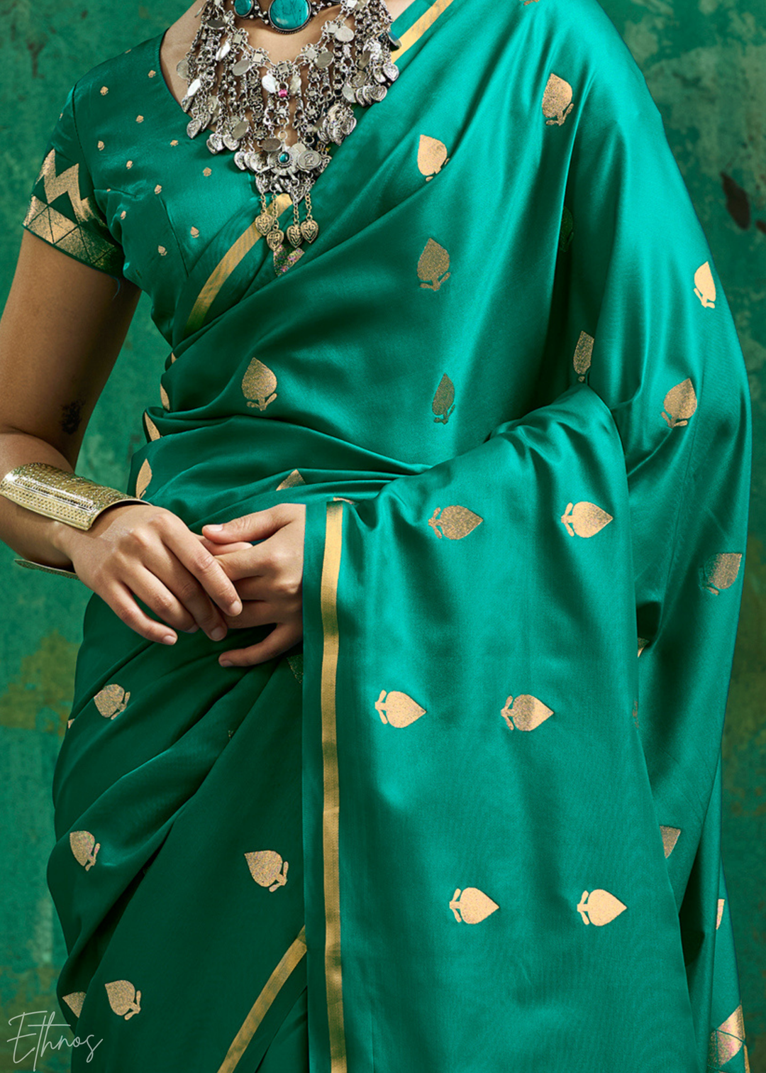 Emerald Green Leheriya Chevron Satin Saree