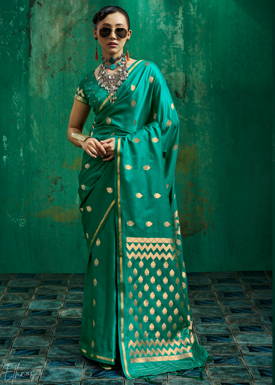 Emerald Green Leheriya Chevron Satin Saree