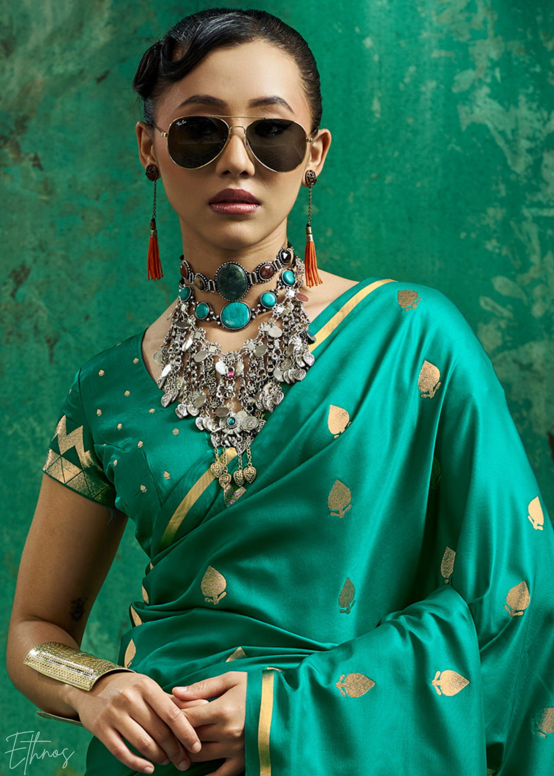 Emerald Green Leheriya Chevron Satin Saree