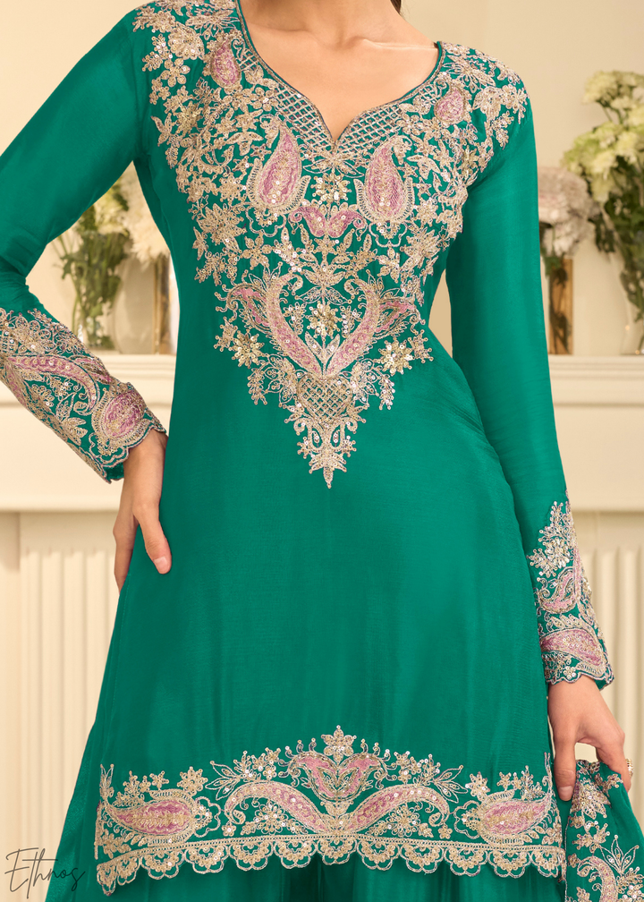Emerald Green Majestic Baroque Chinon Sharara Suit