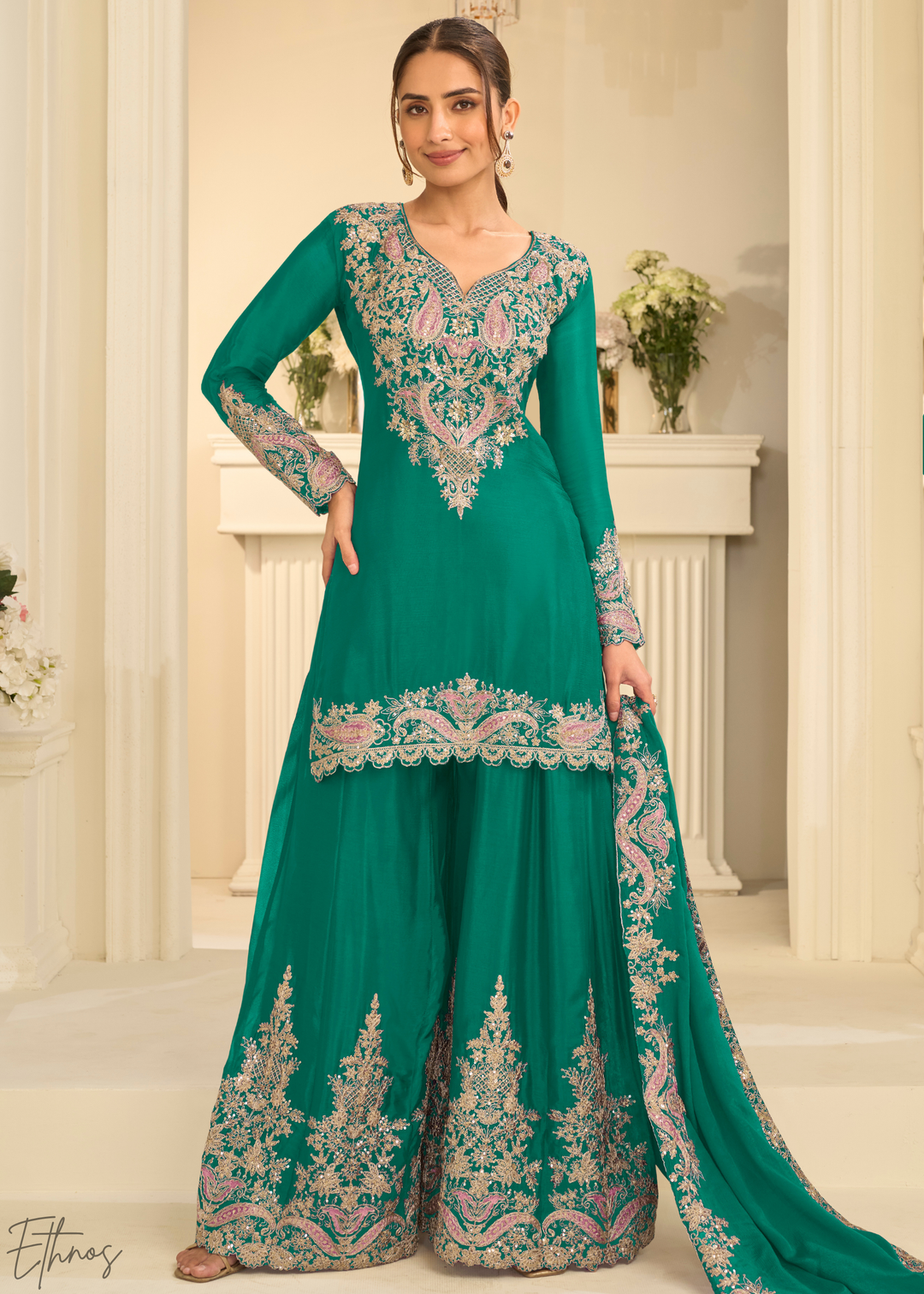 Emerald Green Majestic Baroque Chinon Sharara Suit