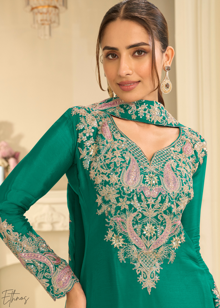 Emerald Green Majestic Baroque Chinon Sharara Suit