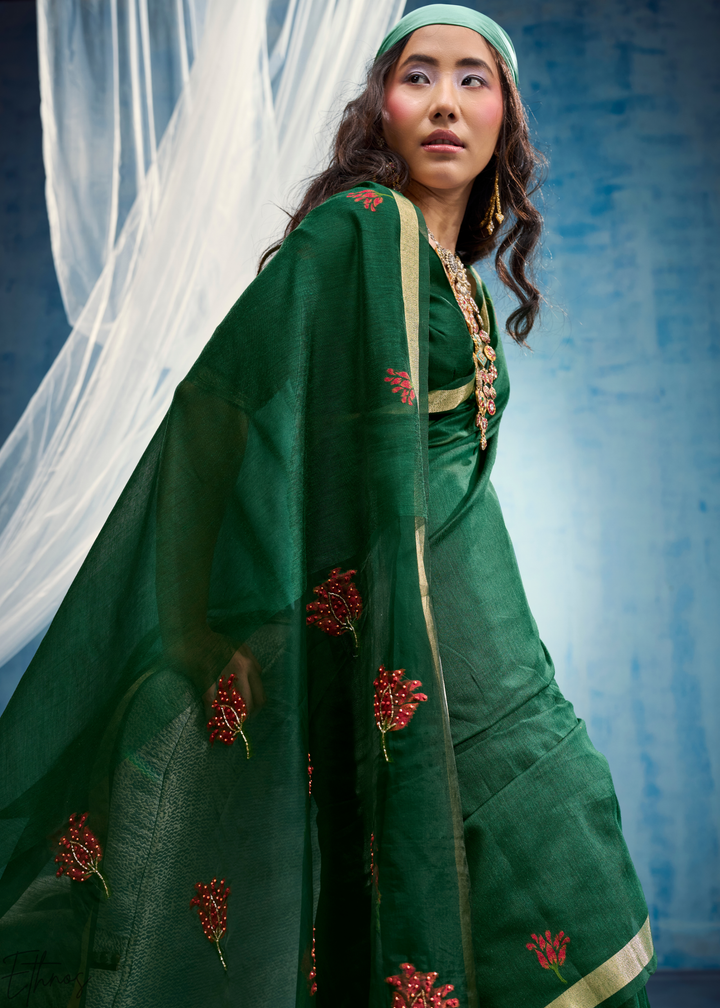 Emerald Green Rose Jamdani Munga Cotton Saree