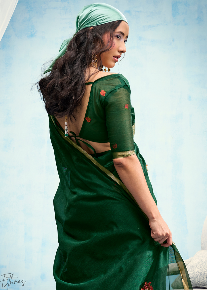 Emerald Green Rose Jamdani Munga Cotton Saree