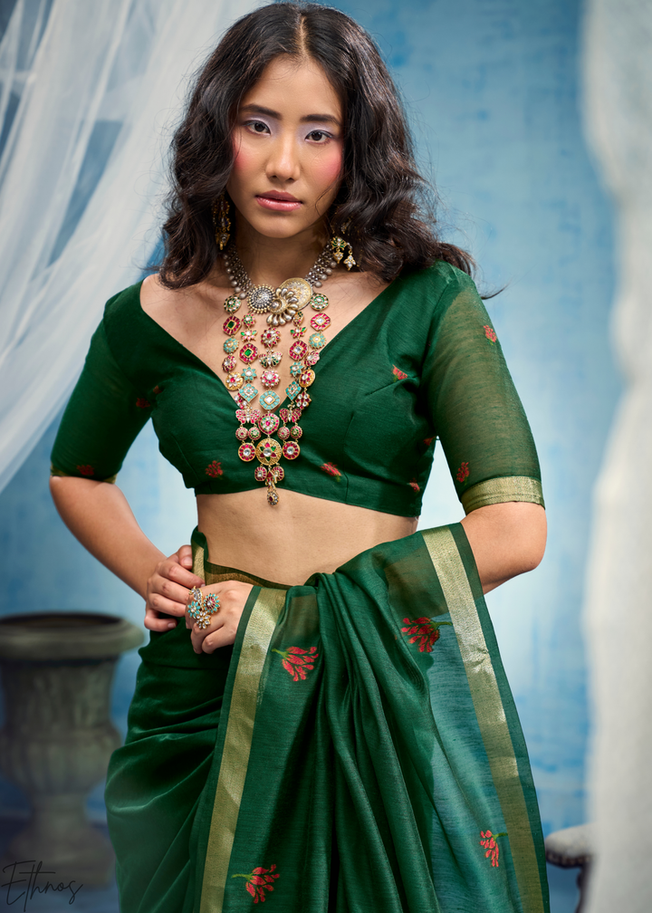Emerald Green Rose Jamdani Munga Cotton Saree