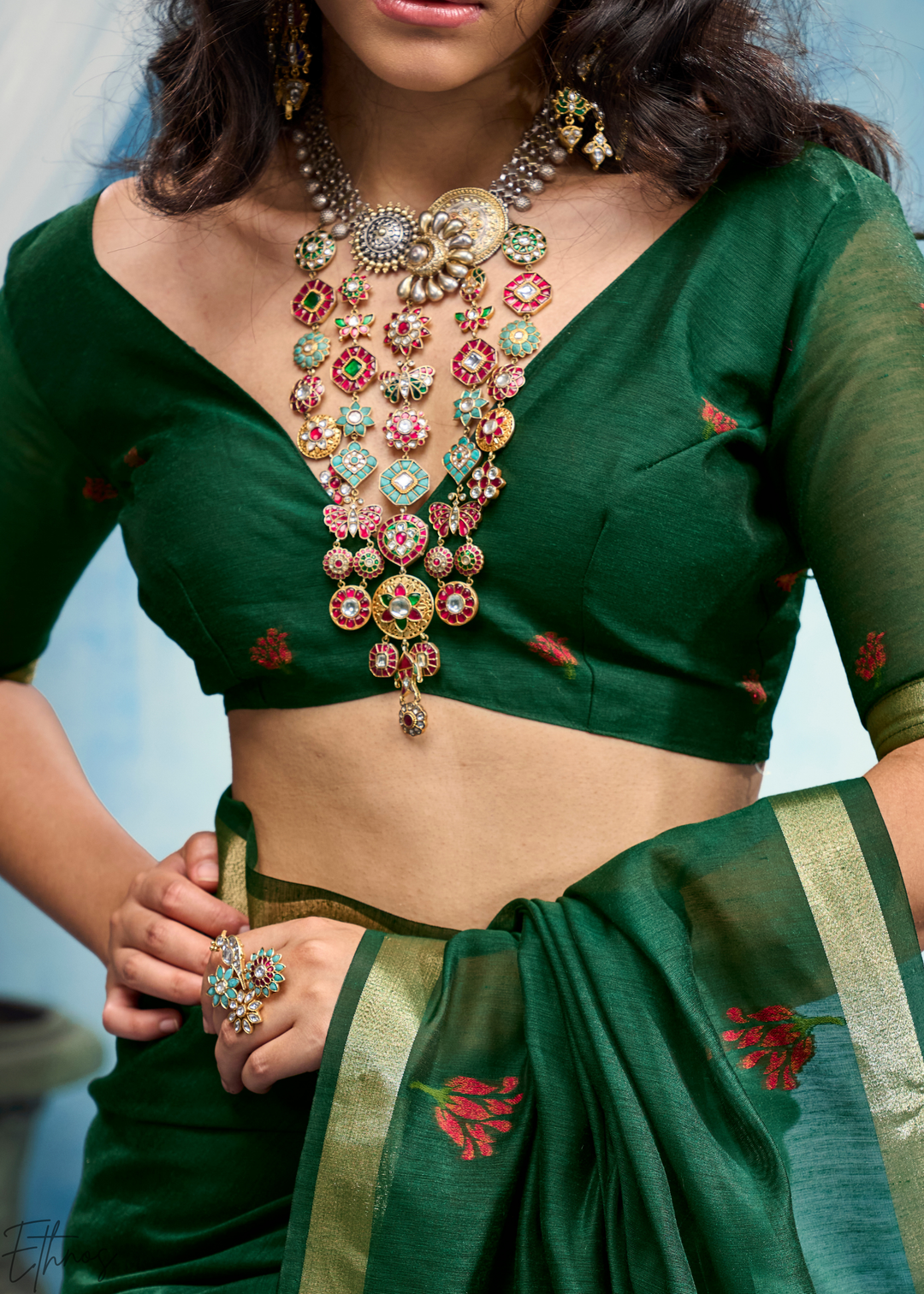 Emerald Green Rose Jamdani Munga Cotton Saree