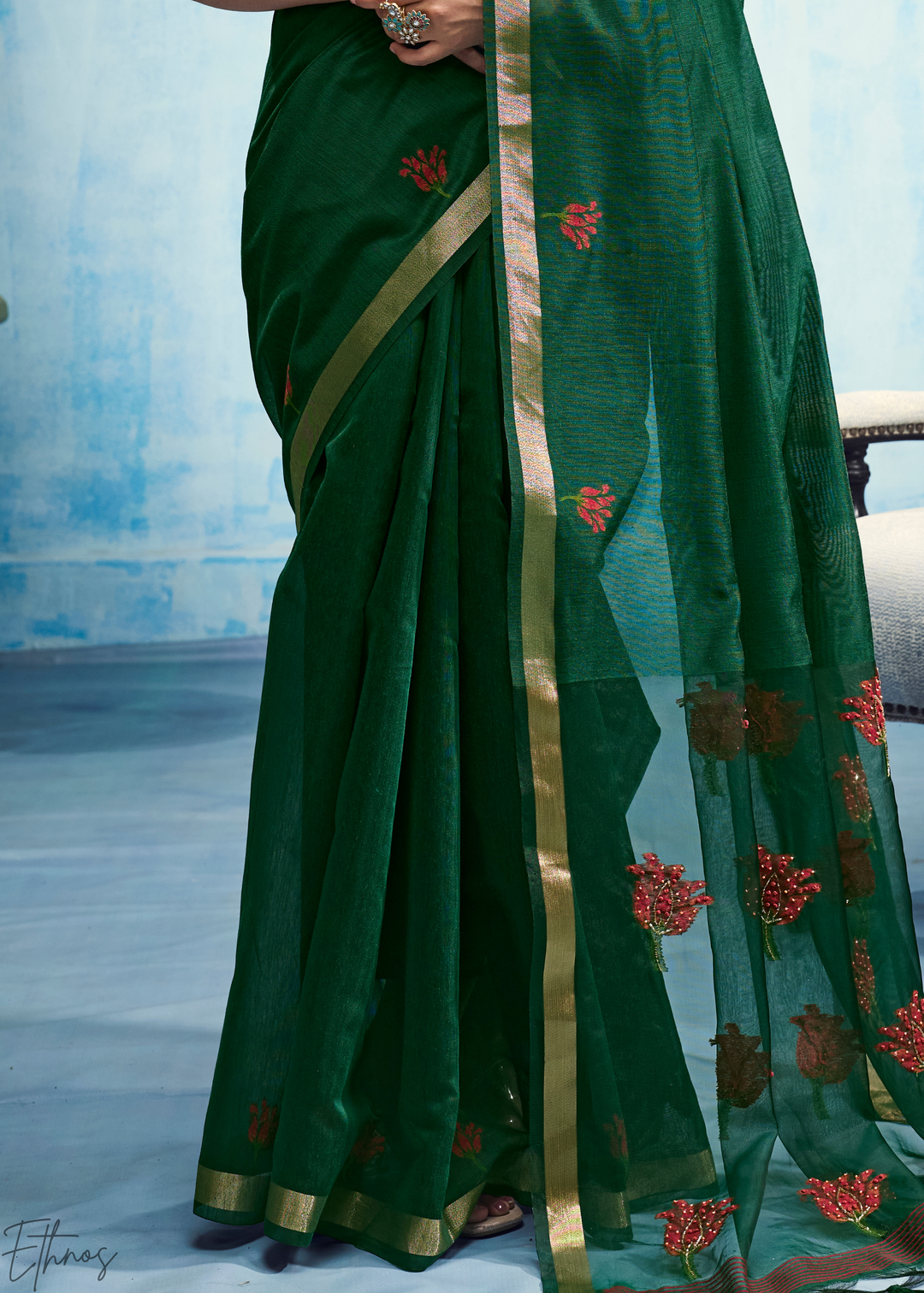 Emerald Green Rose Jamdani Munga Cotton Saree