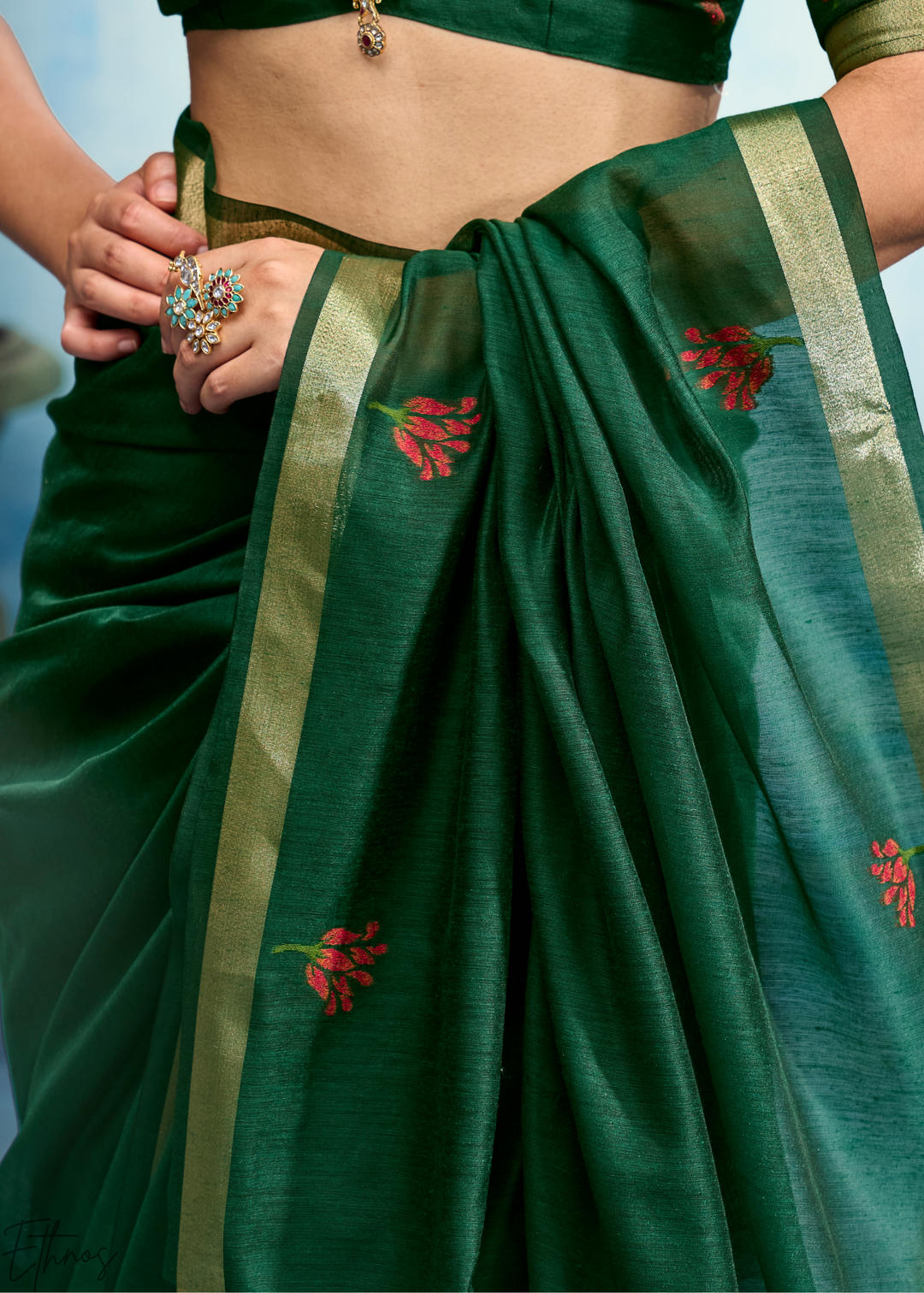 Emerald Green Rose Jamdani Munga Cotton Saree